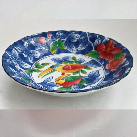 Japan Toucans Hibiscus Decorative Bowl 8" Tropical Birds VTG Andrea by Sadek - Picture 2 of 9